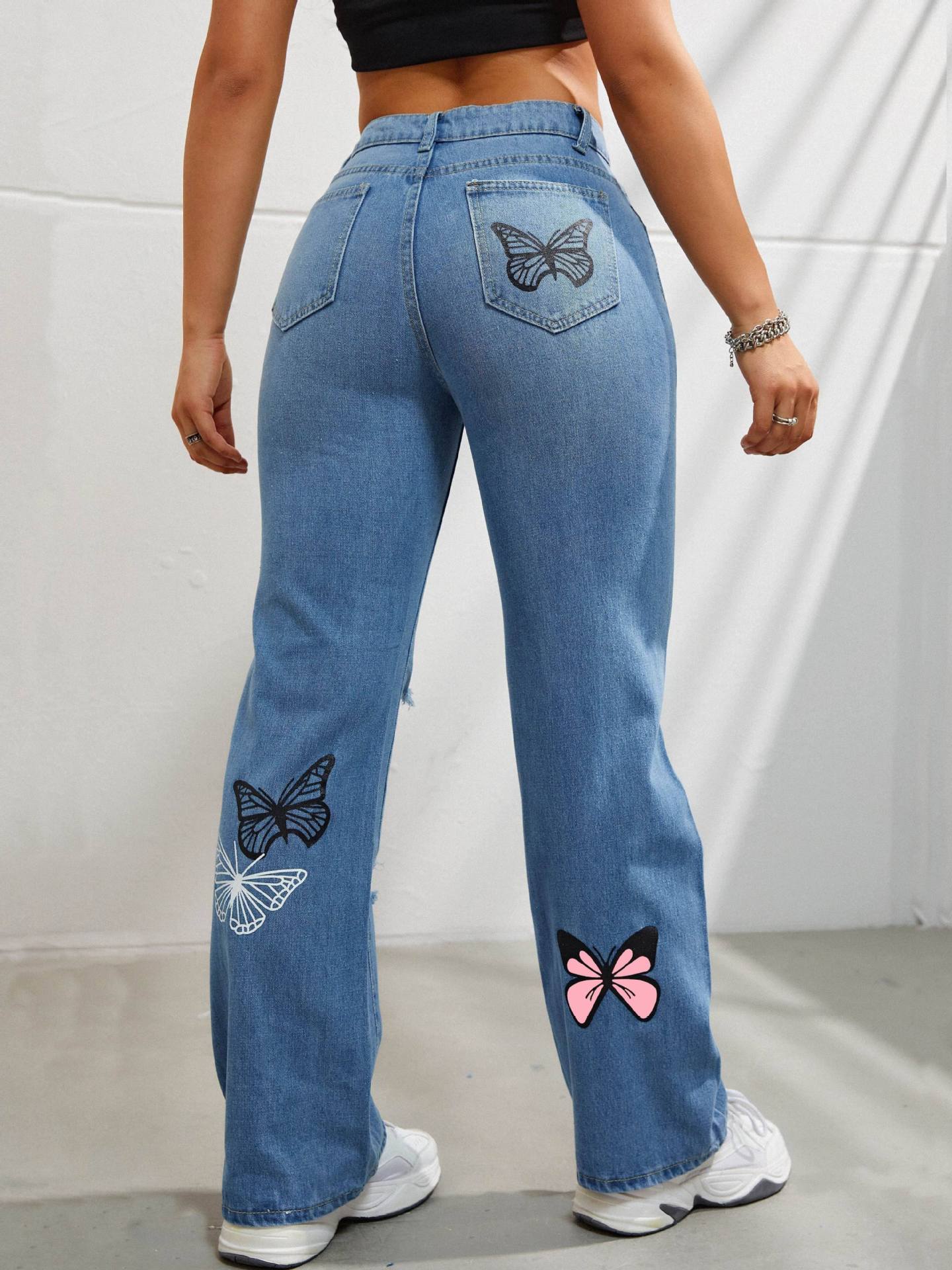 Trendy Butterfly Ripped Denim Jeans