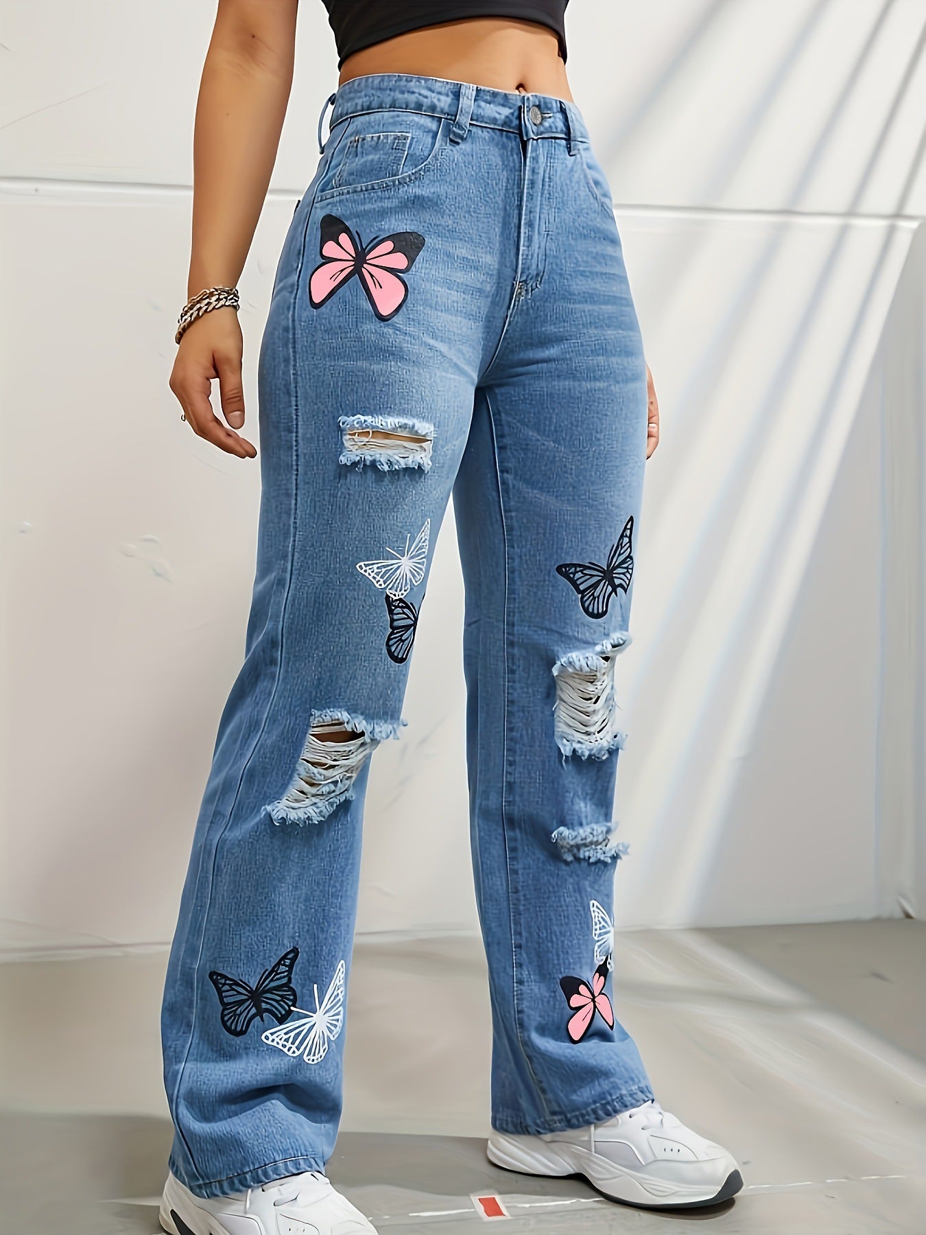 Trendy Butterfly Ripped Denim Jeans