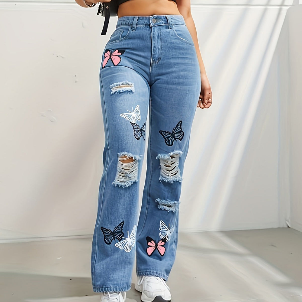 Trendy Butterfly Ripped Denim Jeans