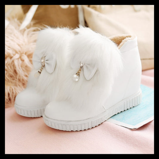 Fofinha - Flat Bowknot Shaggy White/Black Snow Boots